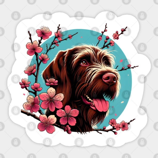 Wirehaired Pointing Griffon Joy in Spring with Cherry Blossoms and Flowers Sticker by ArtRUs